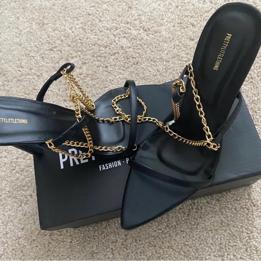 PrettyLittleThing Black Heels with Gold Chain Detail